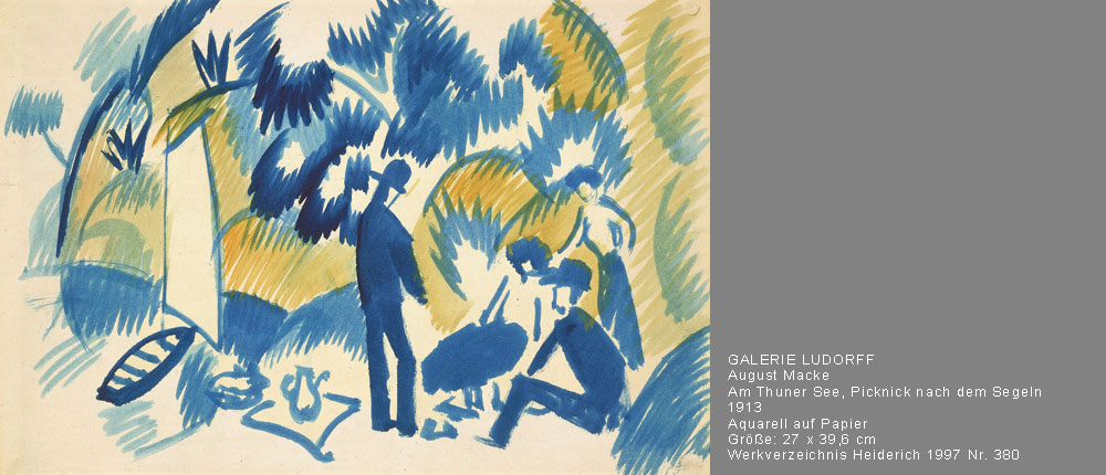 GALERIE LUDORFF / August Macke / Am Thuner See, Picknick nach dem Segeln / 1913 / Aquarell auf Papier / Größe: 27 x 39,6 cm / Werkverzeichnis Heiderich 1997 Nr. 380